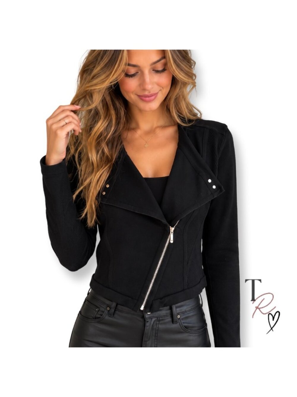 Black Cropped Moto Goth Office Siren Jacket Asymmetrical Zip Size Medium